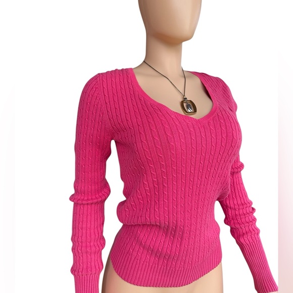 Vintage Old Navy Pink Cable Knit V Neck Casual Dress Sweater - Picture 1 of 10